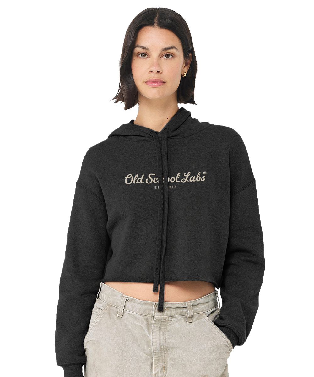 Woman wearing a heather grey hoodie