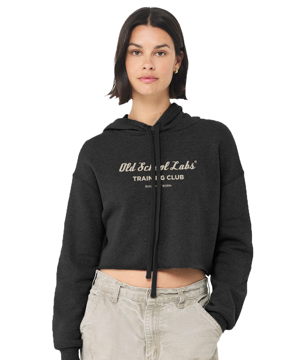 Woman wearing a heather grey hoodie