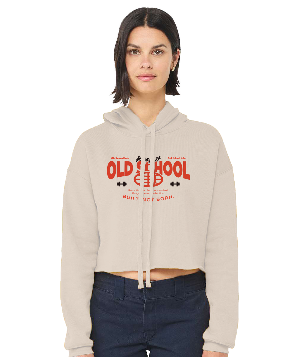 Woman wearing a beige hoodie