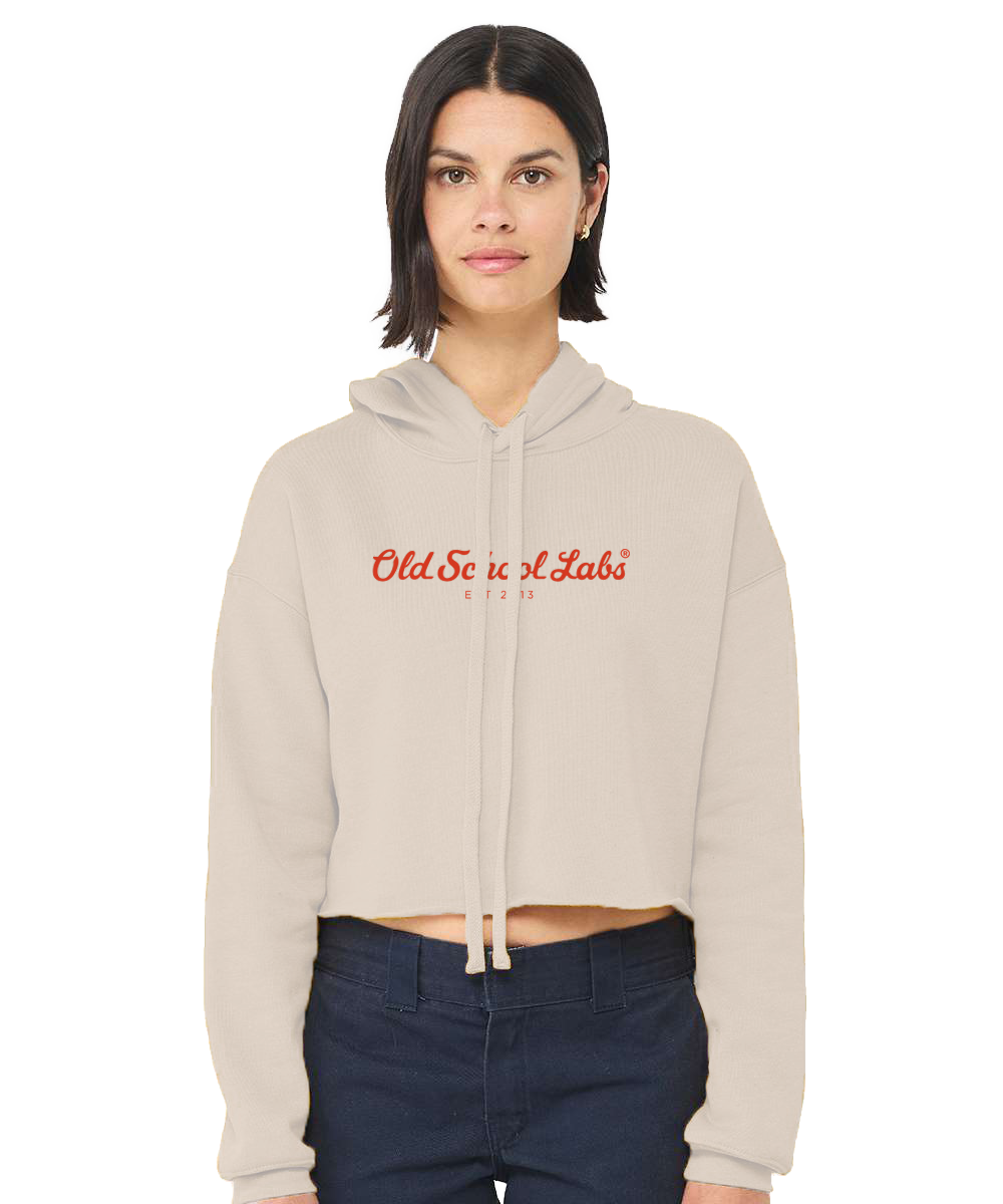 Woman wearing a beige hoodie