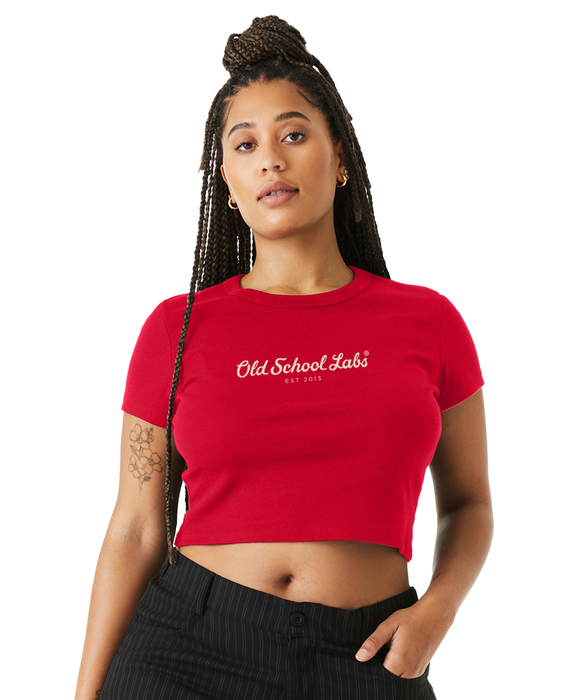 Woman wearing a red crop top with 'Old School Labs' logo