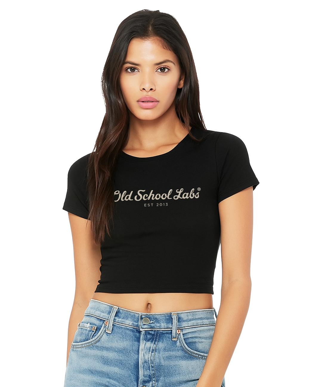Woman wearing a black crop top with 'Old School Labs' logo