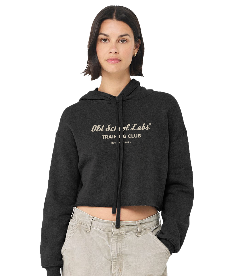 Woman wearing a heather grey hoodie