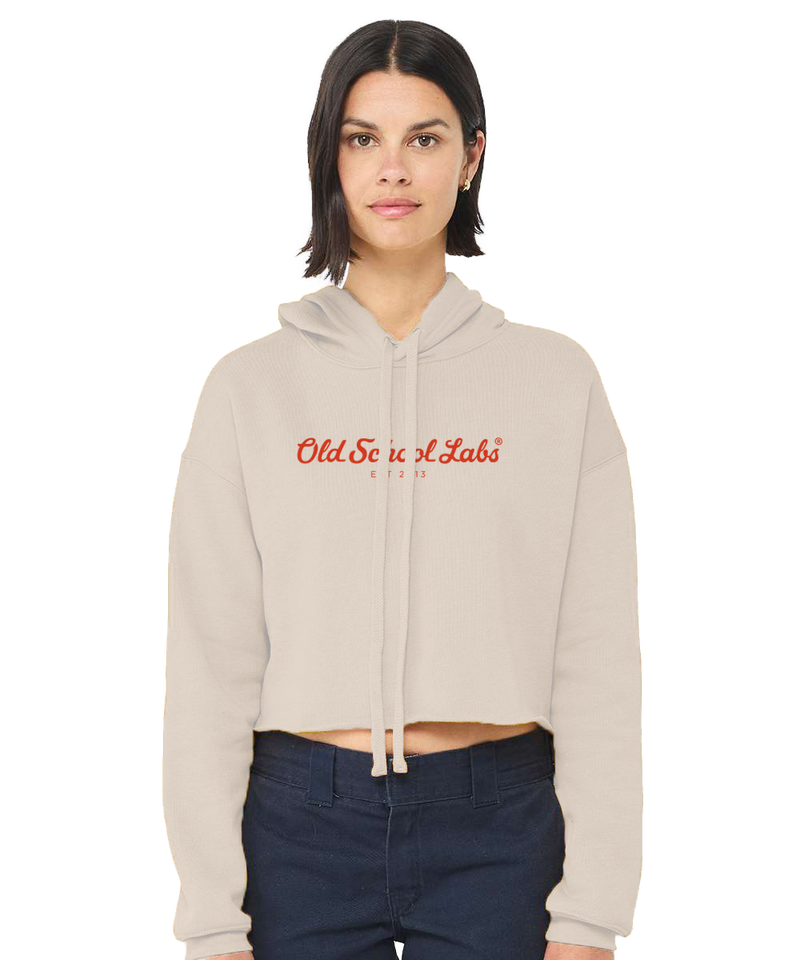 Woman wearing a beige hoodie