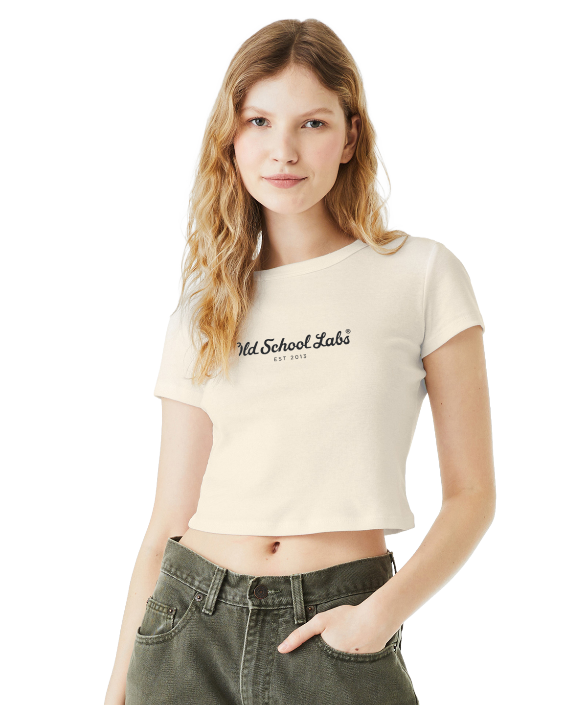 Woman wearing a beige crop top with 'Old School Labs' logo