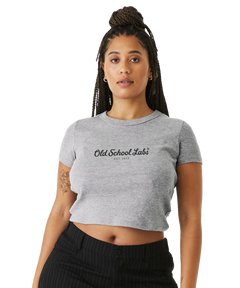 Woman wearing a grey crop top with 'Old School Labs' logo