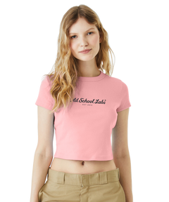 Woman wearing a pink crop top with 'Old School Labs' logo