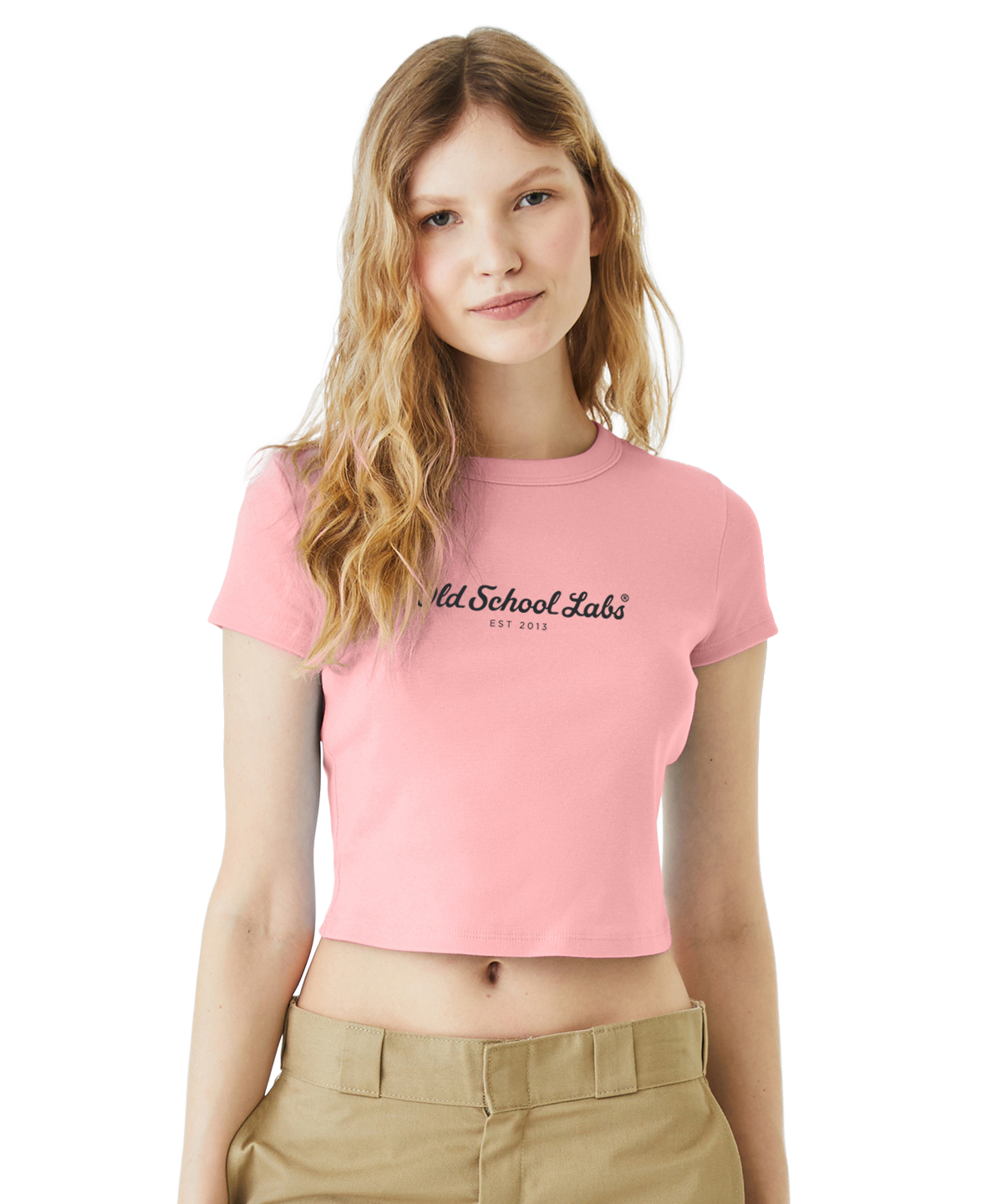 Woman wearing a pink crop top with 'Old School Labs' logo